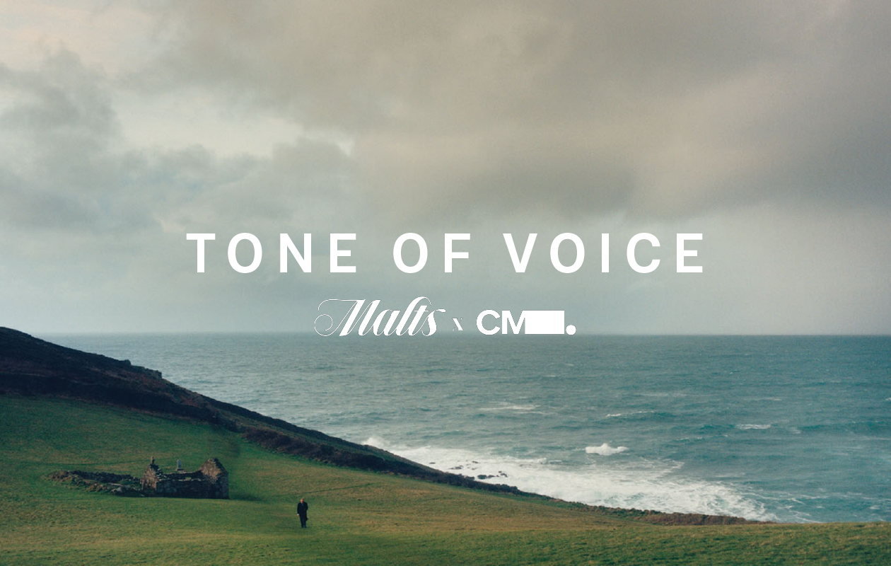 Malts tone of voice title card with a misty coastal landscape