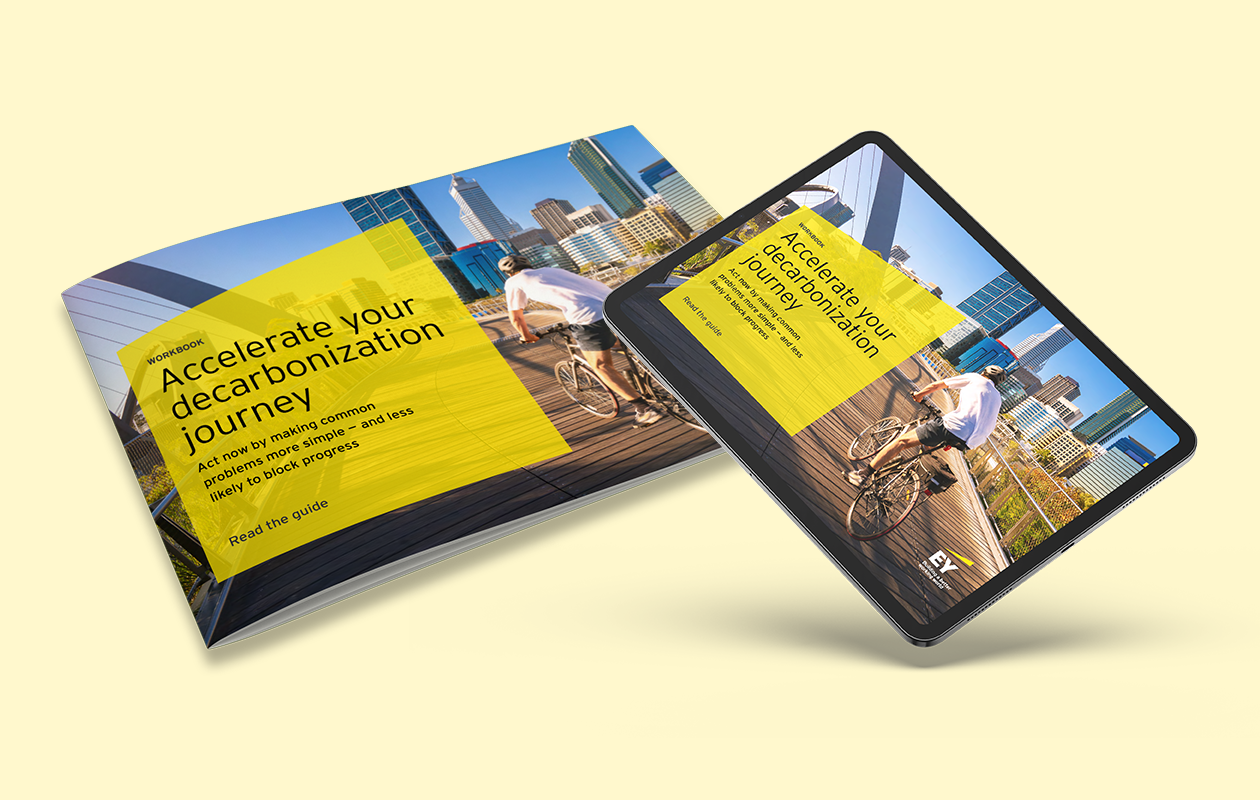EY decarbonisation workbook cover shown on print and tablet