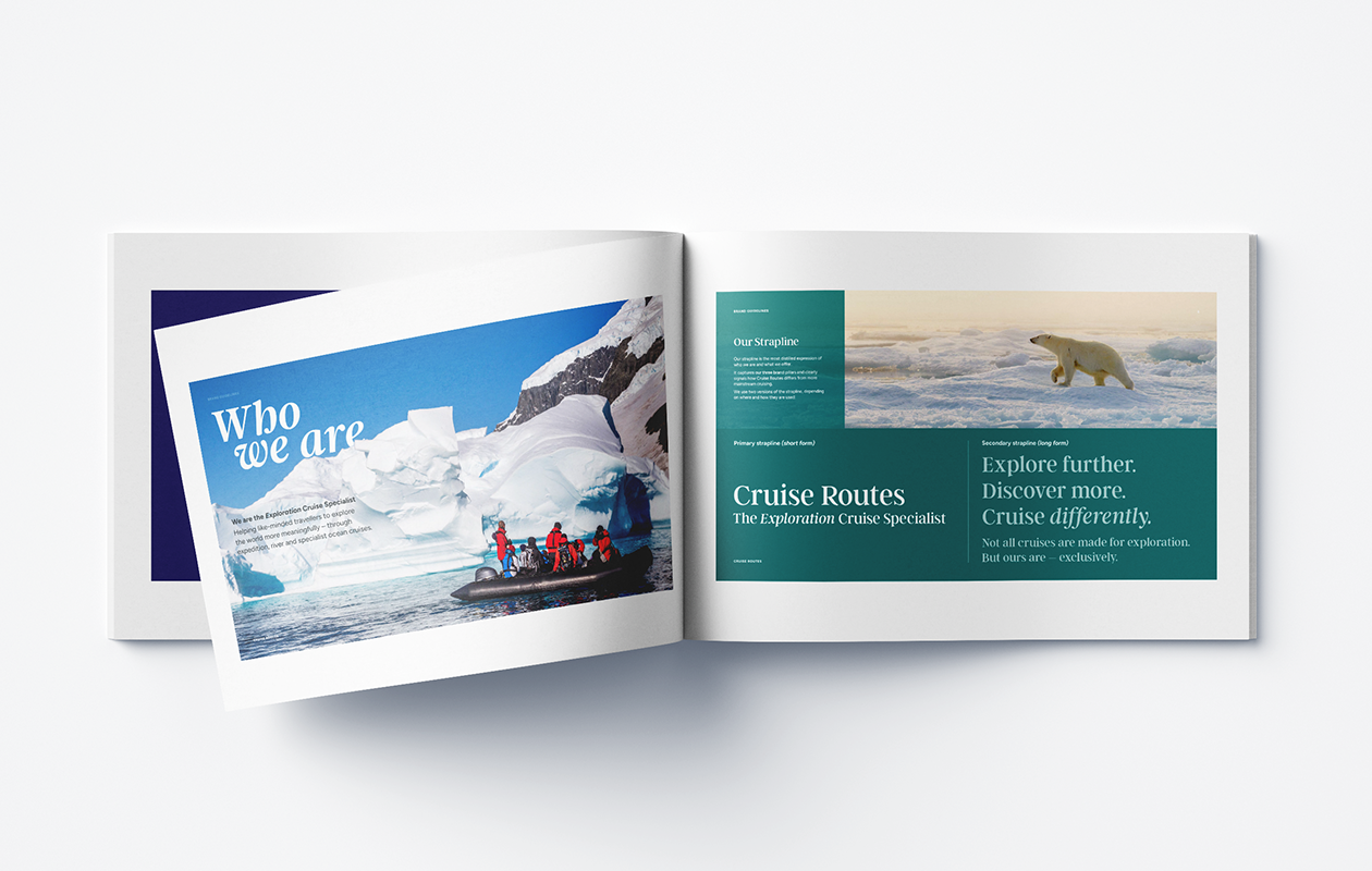 Cruise Routes brand guidelines spread showing the Who we are page