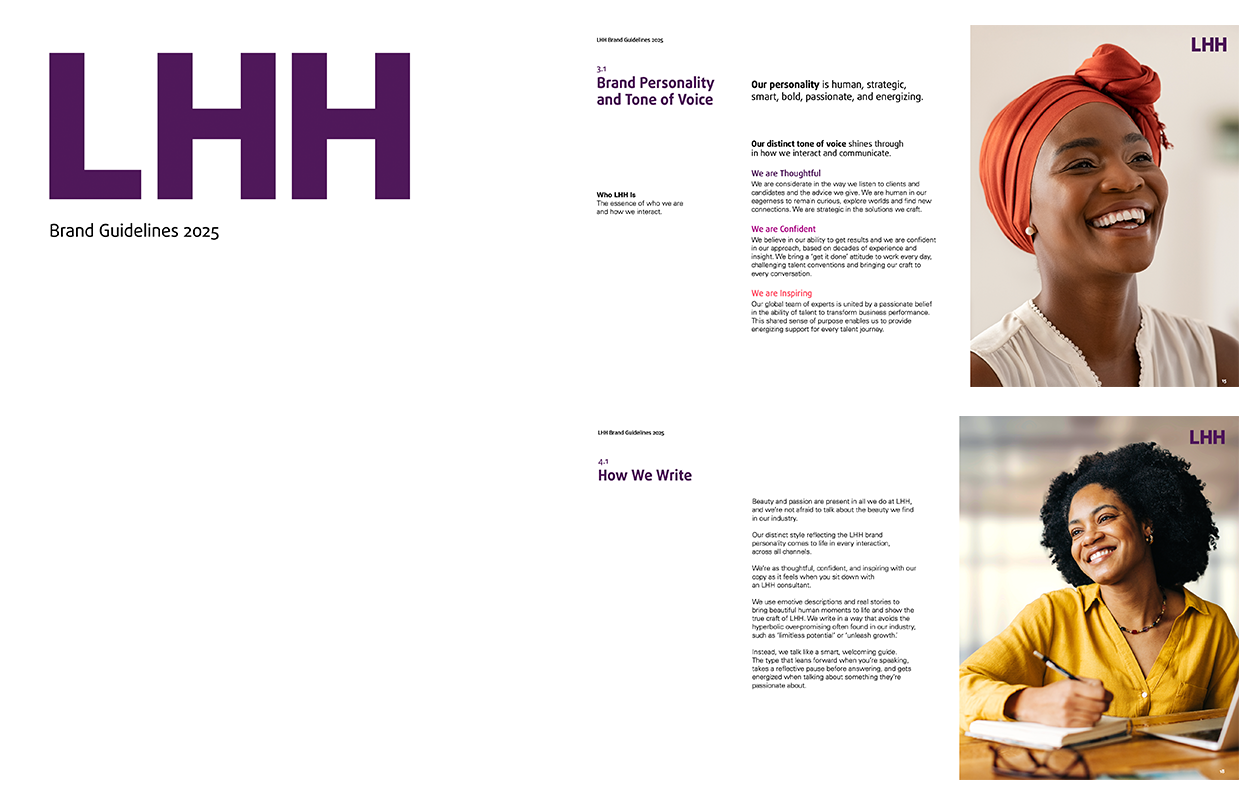 LHH brand guidelines spread covering personality and tone of voice