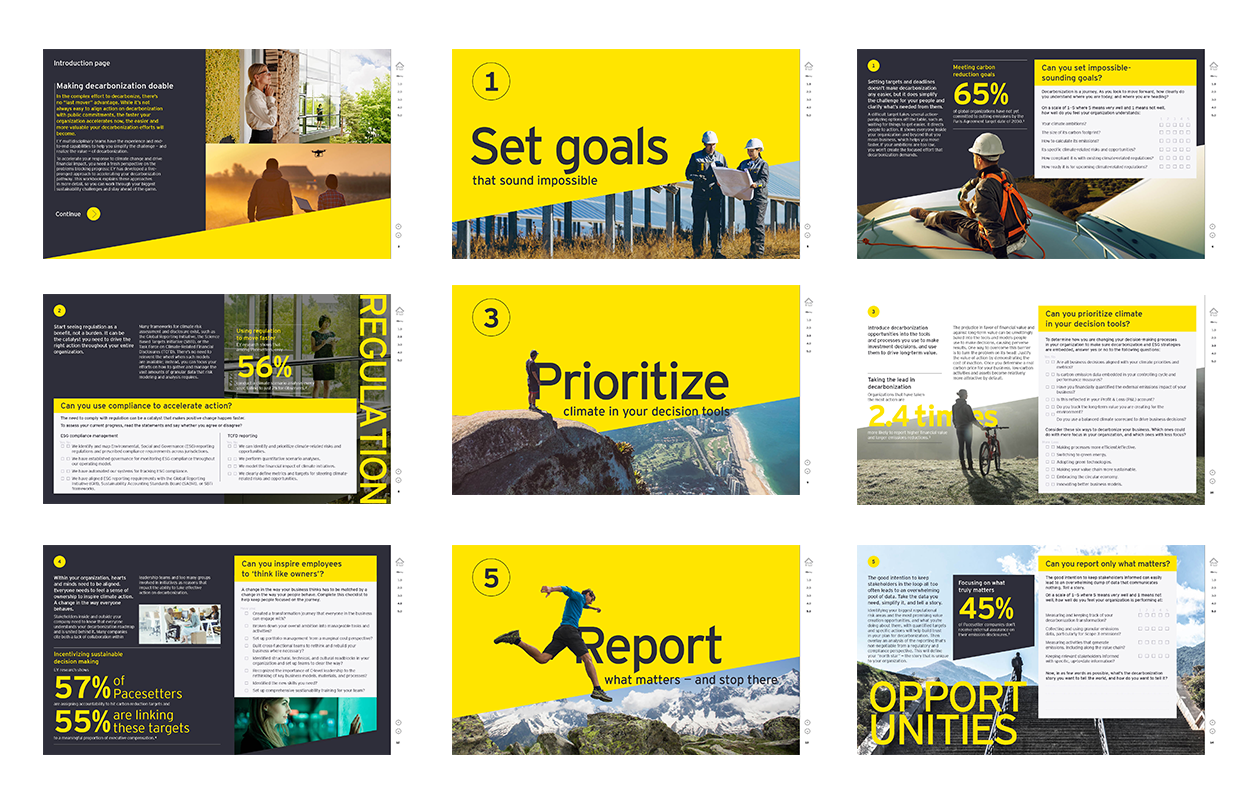 Grid of nine EY workbook slides outlining a five step process