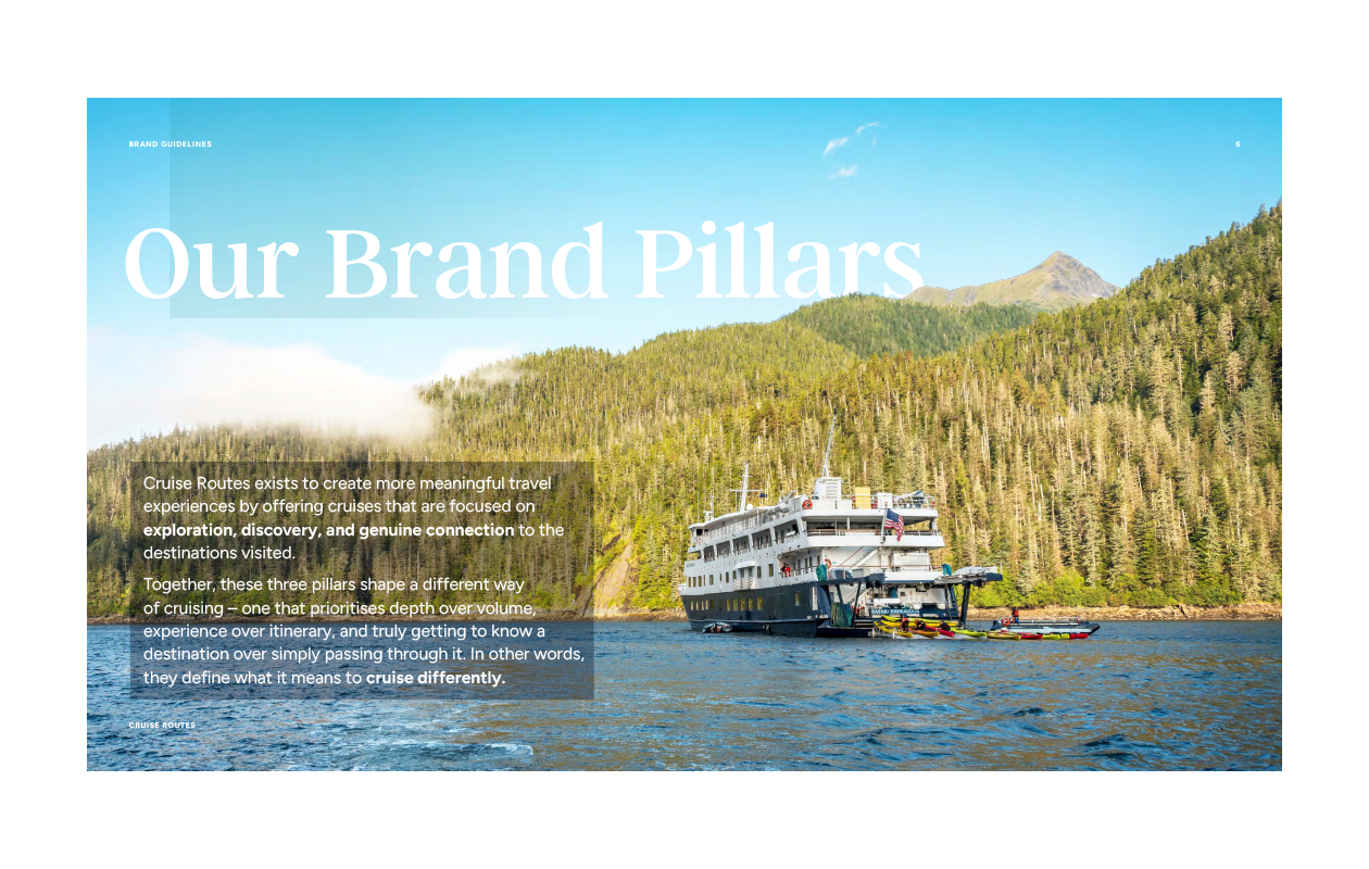 Cruise Routes brand pillars slide with a ship anchored in a bay