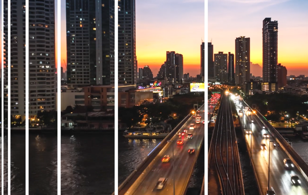 ABB campaign key visual of a city skyline sliced into vertical panels