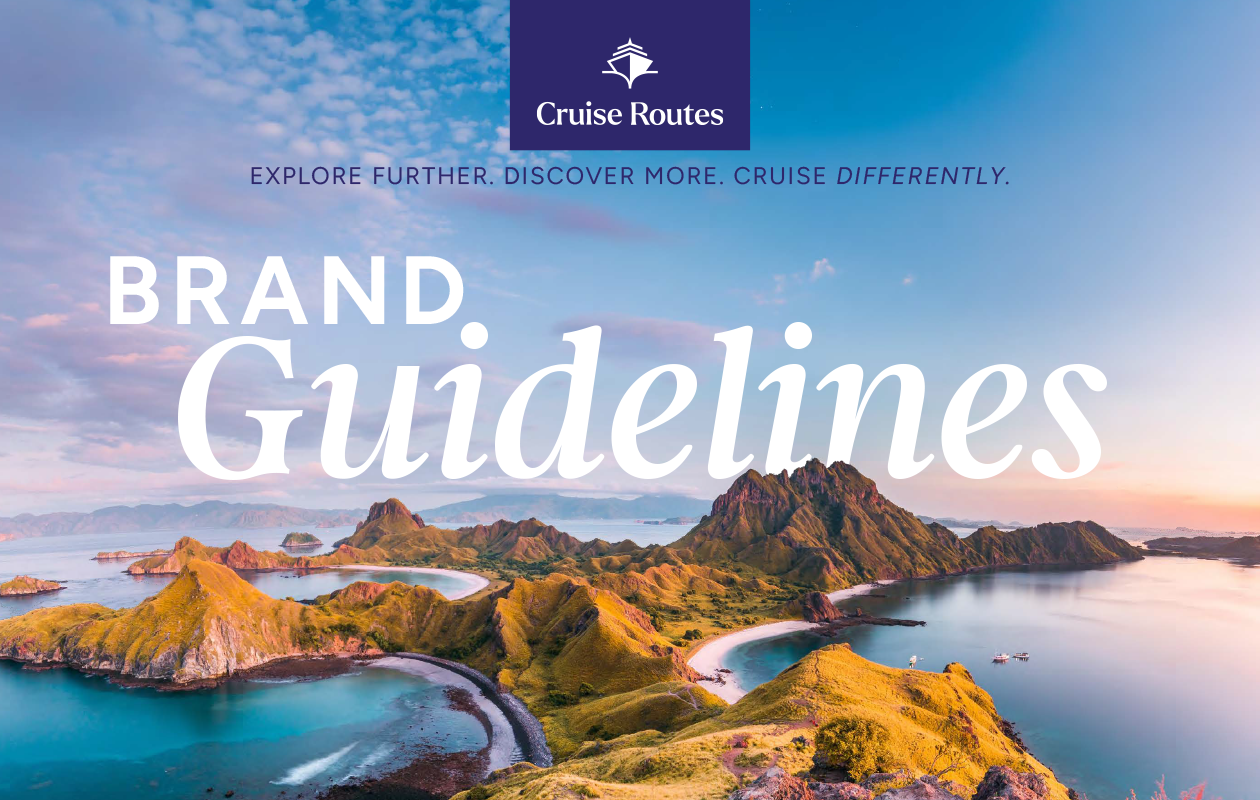 Cruise Routes brand guidelines cover with mountain and lake landscape